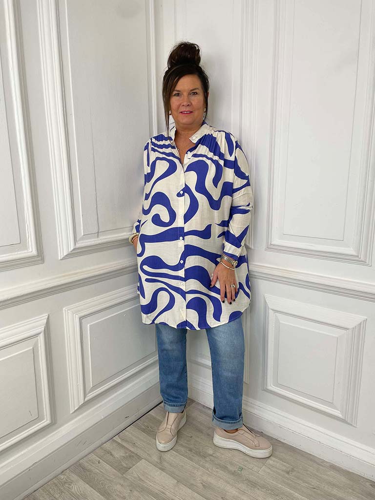 Swirl Print Shirt Tunic - Cobalt