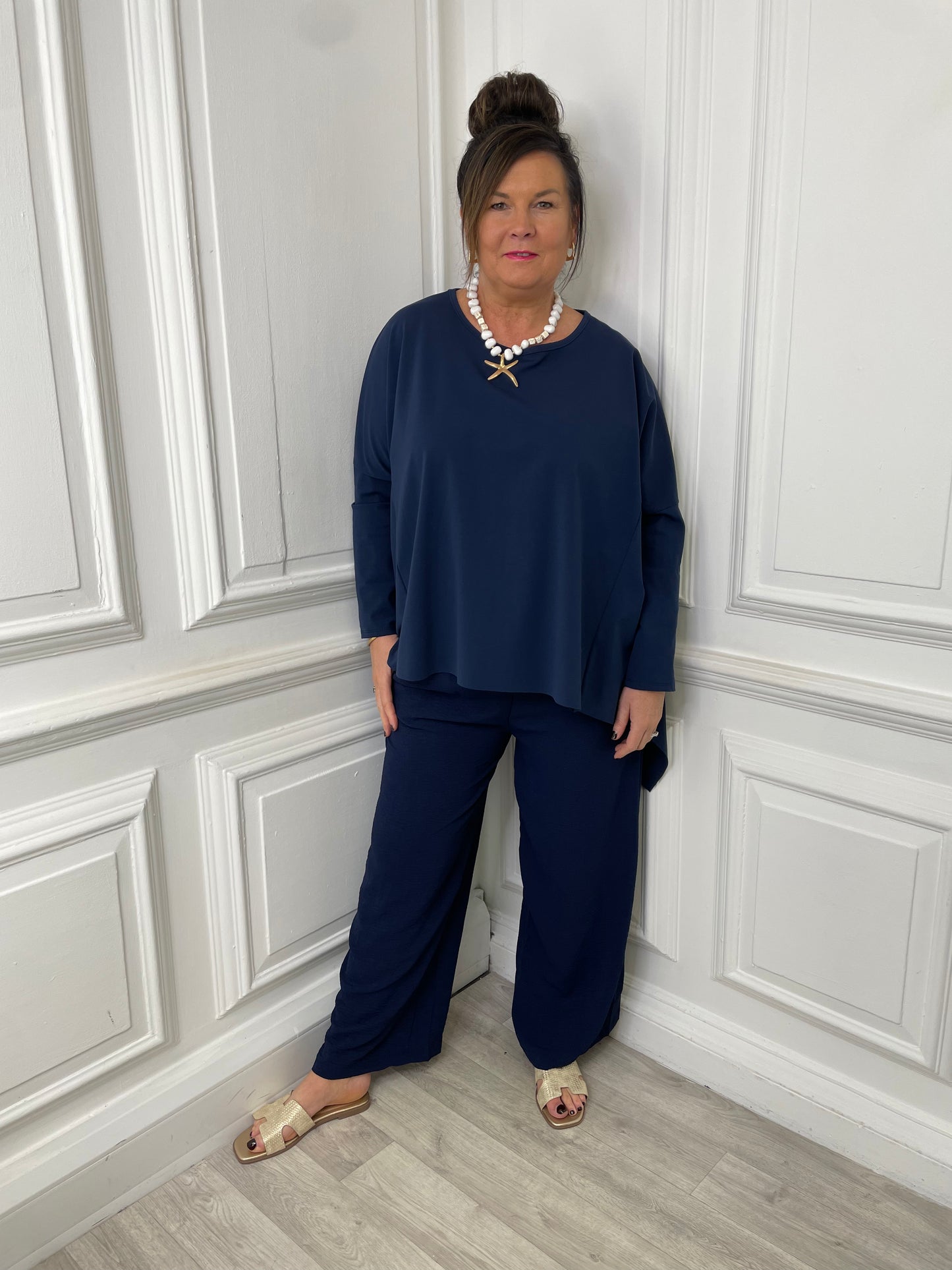 Wide Leg Drawstring Trousers - Navy