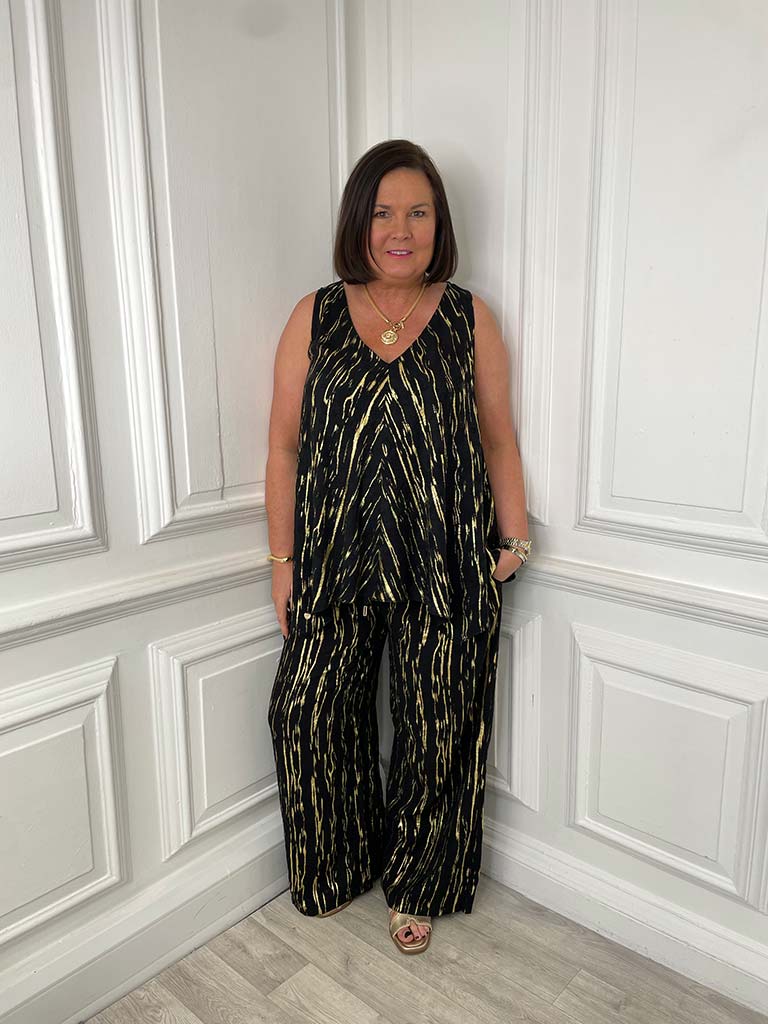 Malissa J V-Neck Bias Cut Vest - Black & Gold