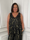 Black and gold V-neck bias cut vest with abstract stripe pattern, relaxed styling for everyday wear, modern womens fashion. - Malissa J V-Neck Bias Cut Vest - Black & Gold