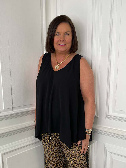 Black V-neck bias cut vest with relaxed fit, perfect for women's fashion and everyday wear in modern outfits. - Malissa J V-Neck Bias Cut Vest - Black