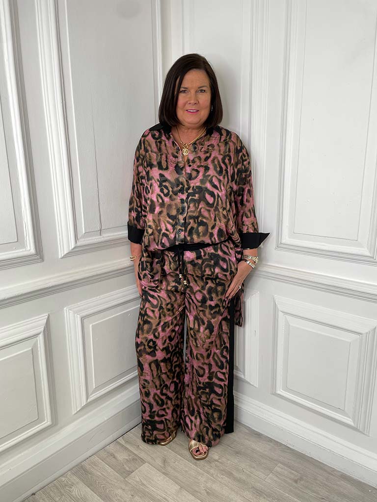 Blush leopard side stripe trousers with relaxed fit styled for womens fashion and everyday wear in a modern outfit. - Malissa J Side Stripe Trousers - Blush Leopard