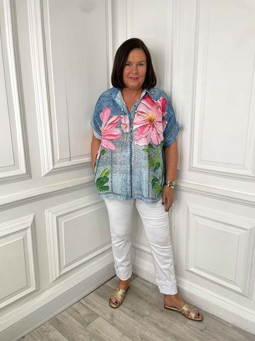 Denim Floral Print Shirt - Pink