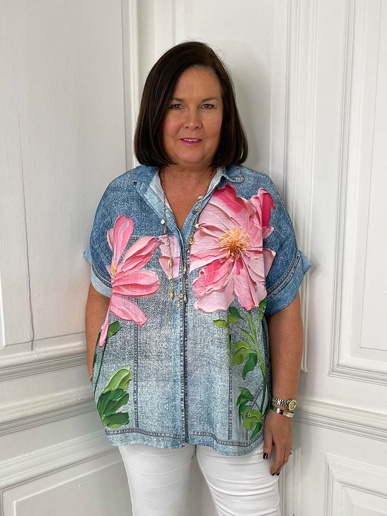 Denim Floral Print Shirt - Pink