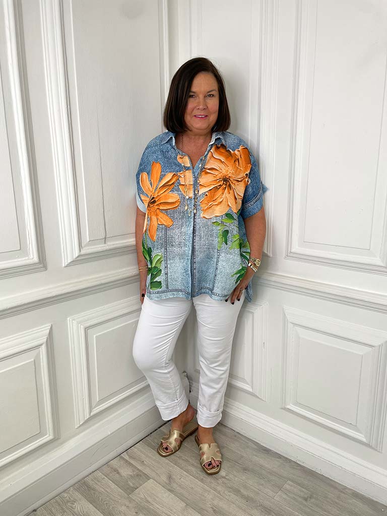 Denim Floral Print Shirt - Tangerine