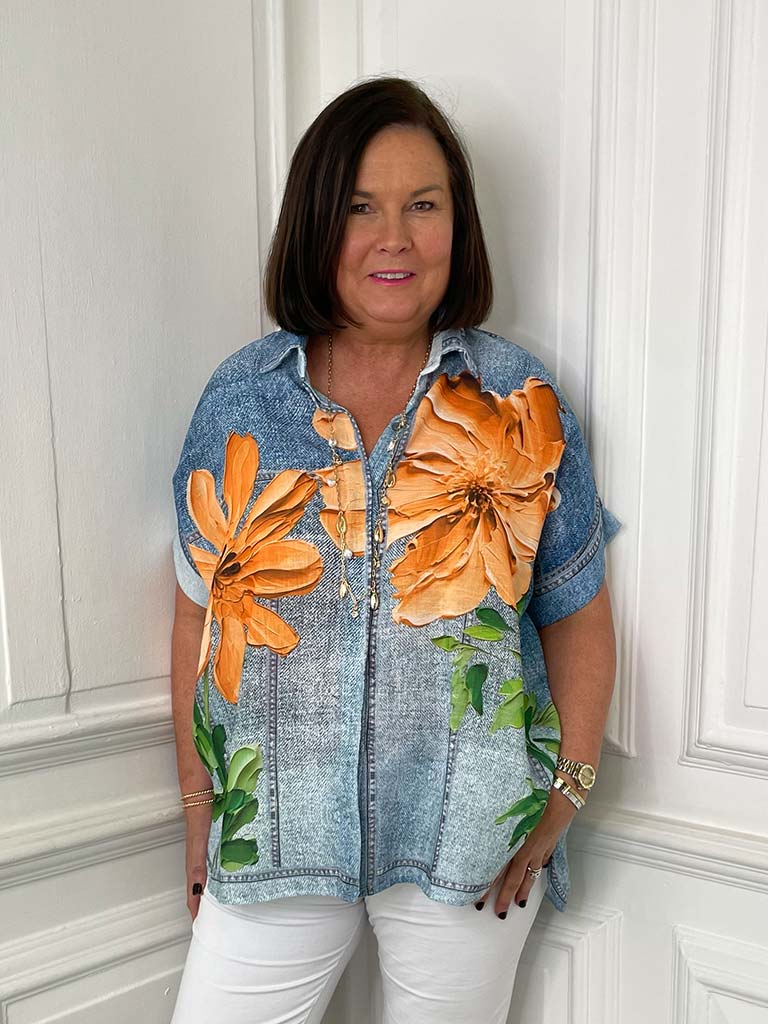 Denim Floral Print Shirt - Tangerine