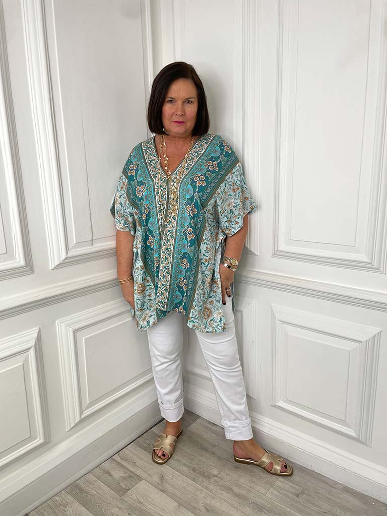 Ornate Floral Kaftan Top- Mint & Teal