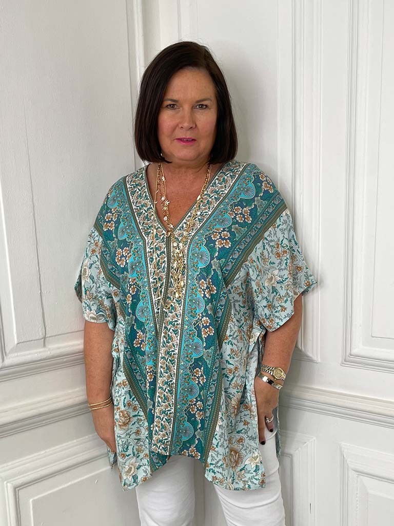 Ornate Floral Kaftan Top- Mint & Teal