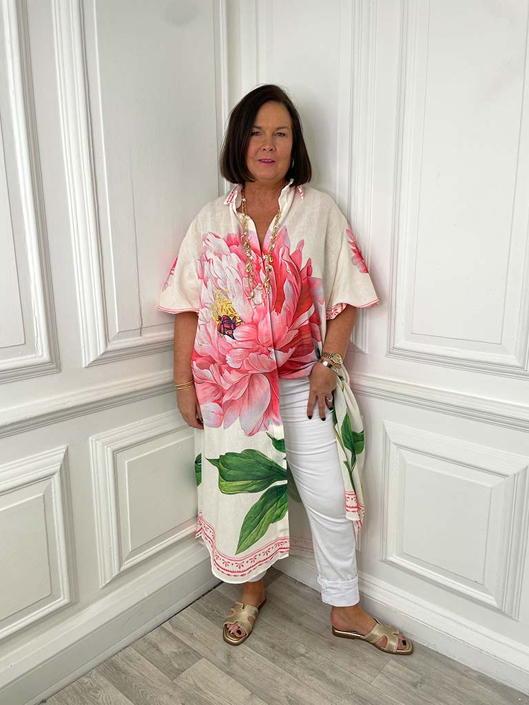 Puff Sleeve Peony Shirt Dress - Pink