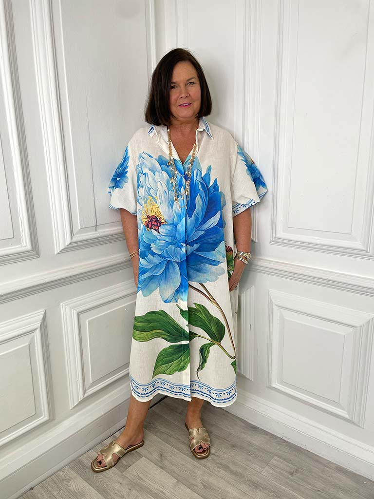 Puff Sleeve Peony Shirt Dress - Blue