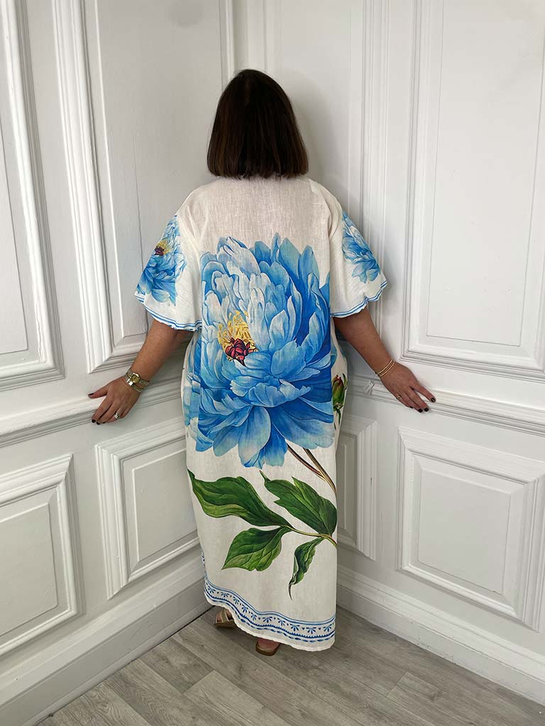 Puff Sleeve Peony Shirt Dress - Blue