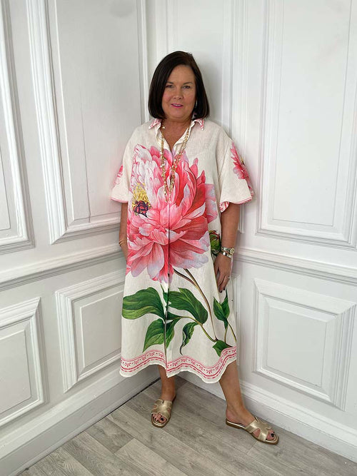 Puff Sleeve Peony Shirt Dress - Pink