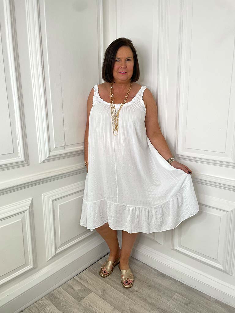 White frill strap sundress with relaxed fit, tiered hem, and casual modern styling for everyday wear. - Frill Strap Sundress - White