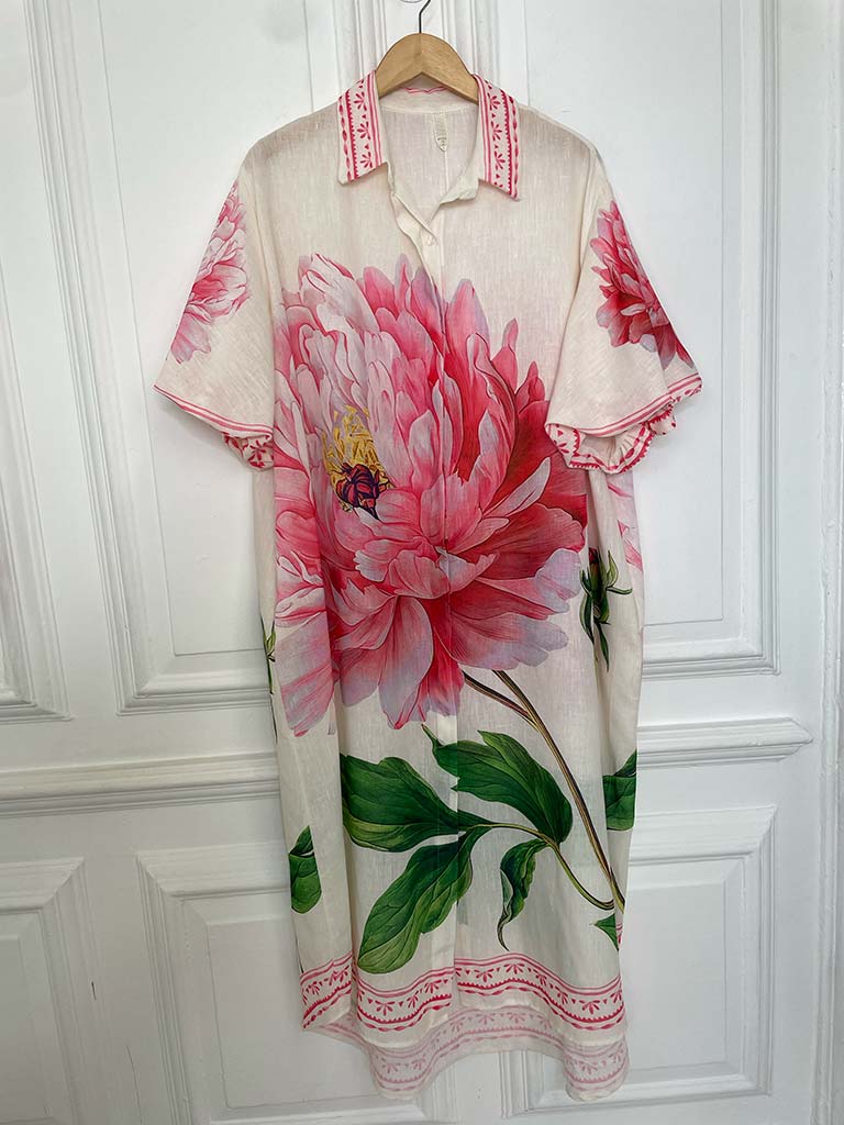 Puff Sleeve Peony Shirt Dress - Pink