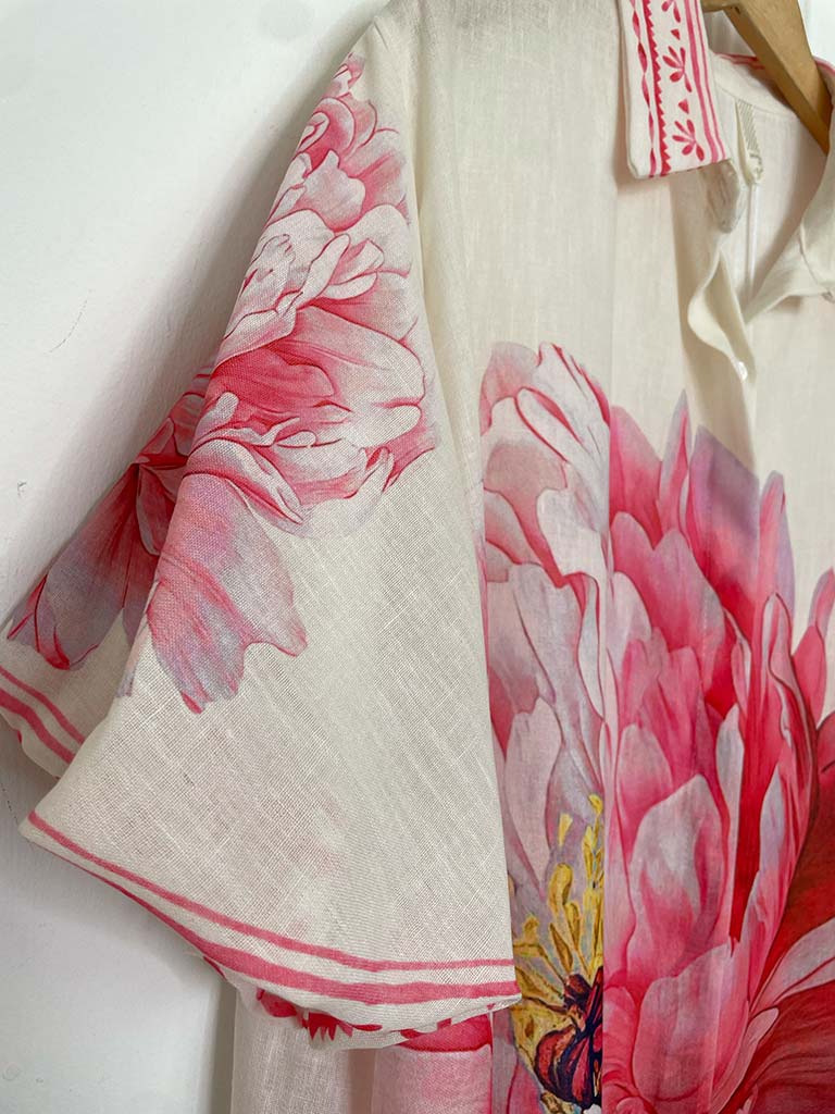 Puff Sleeve Peony Shirt Dress - Pink