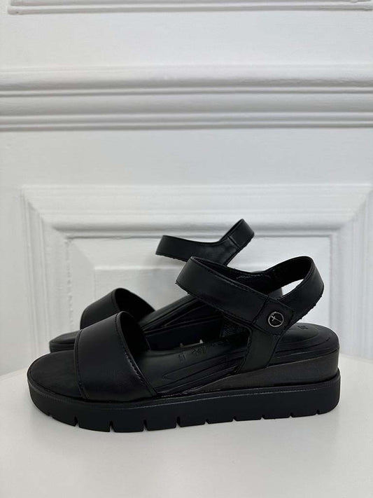 Tamaris Leather Wedge Sandals - Black