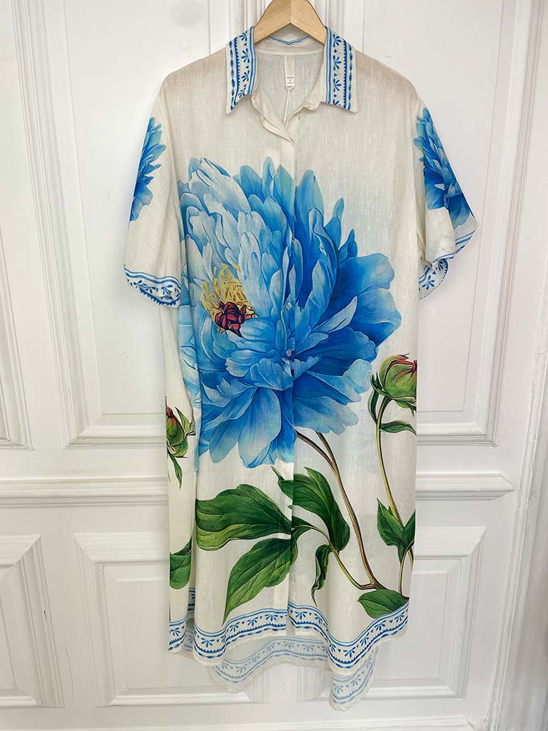 Puff Sleeve Peony Shirt Dress - Blue