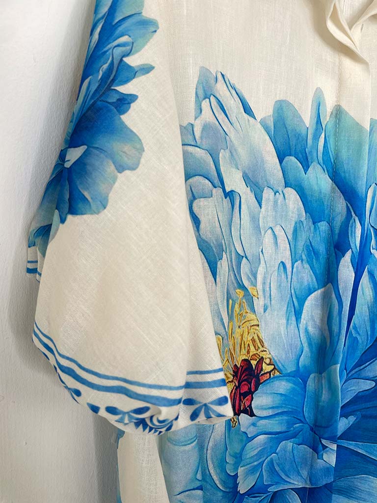 Puff Sleeve Peony Shirt Dress - Blue