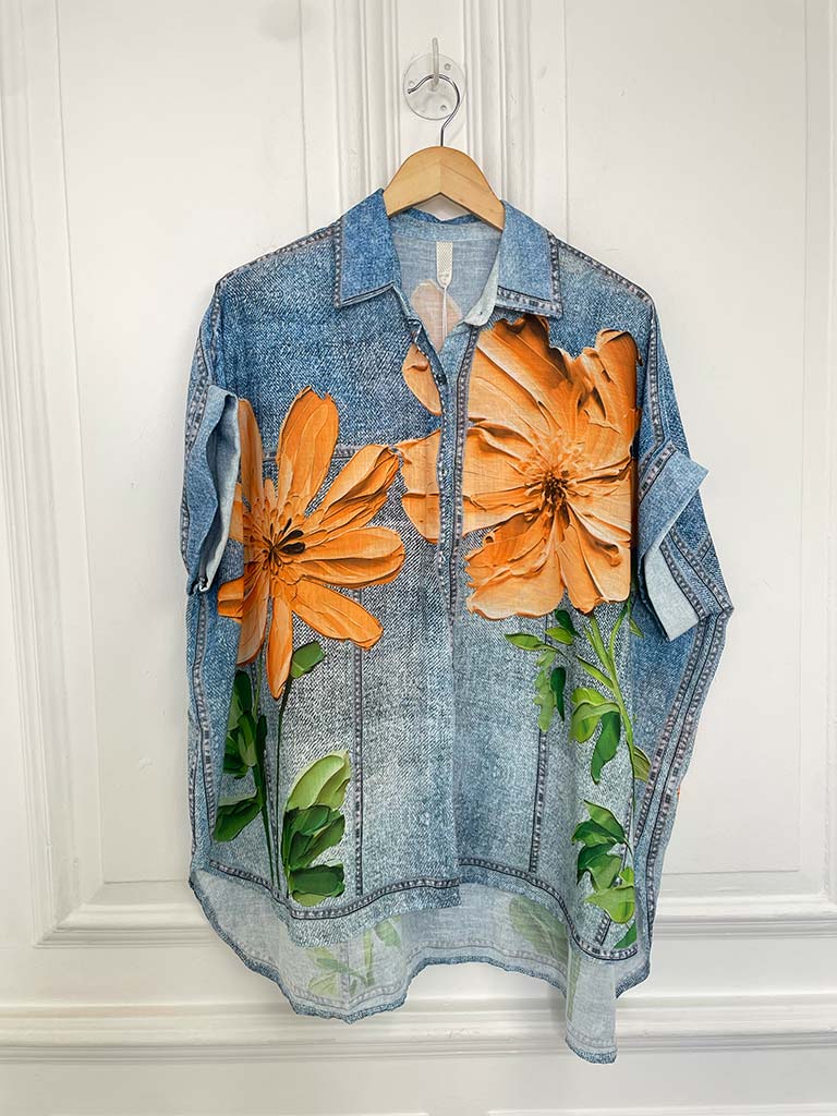 Denim Floral Print Shirt - Tangerine