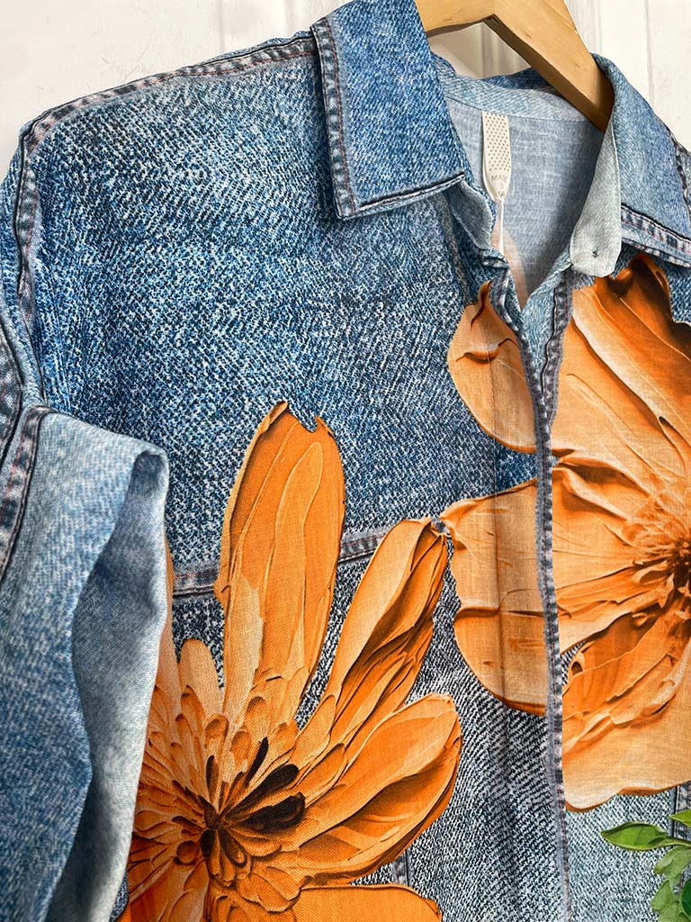Denim Floral Print Shirt - Tangerine