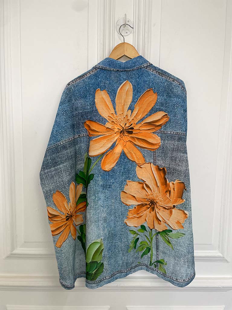 Denim Floral Print Shirt - Tangerine
