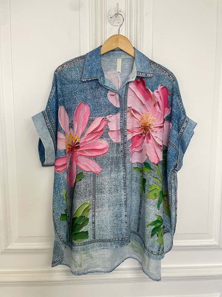 Denim Floral Print Shirt - Pink