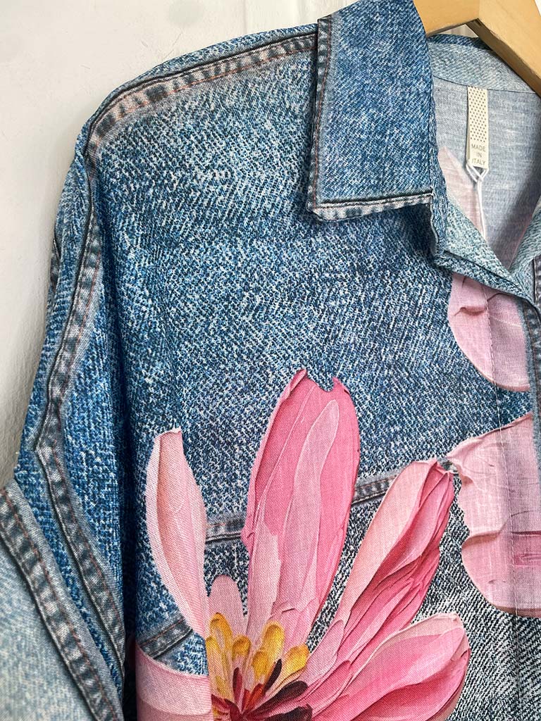 Denim Floral Print Shirt - Pink
