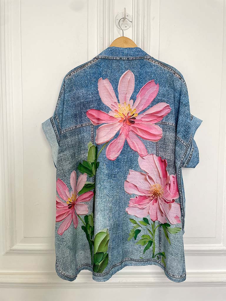 Denim Floral Print Shirt - Pink