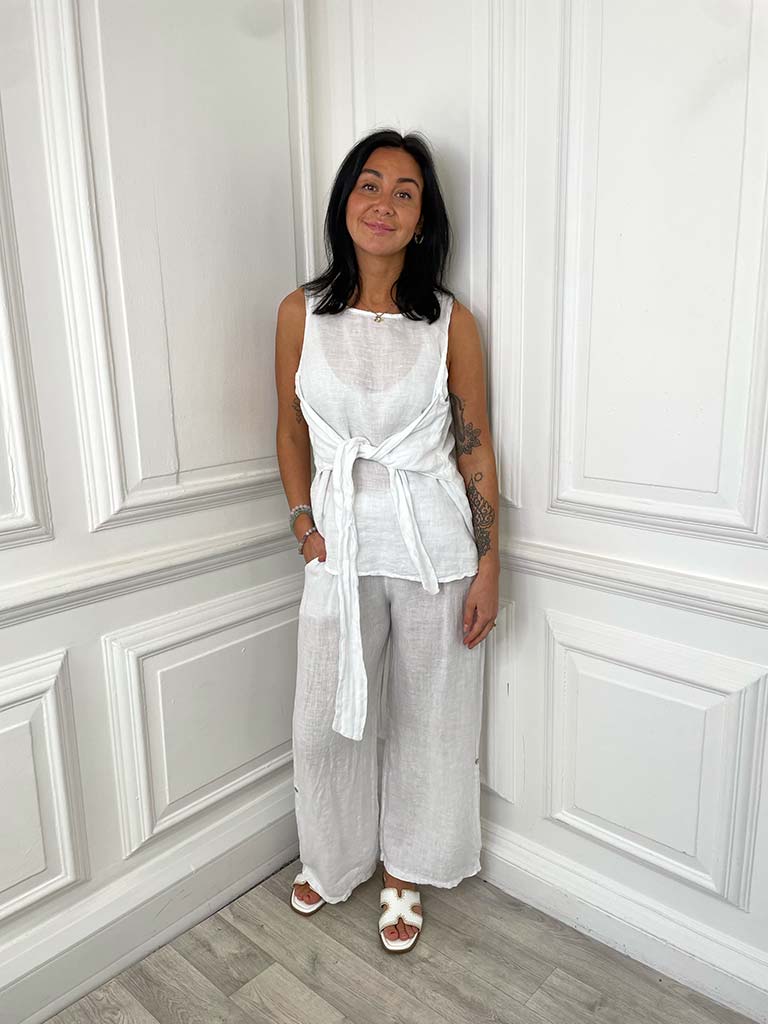 Tie Front Linen Top - White