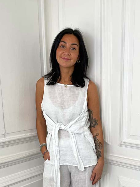 Tie Front Linen Top - White