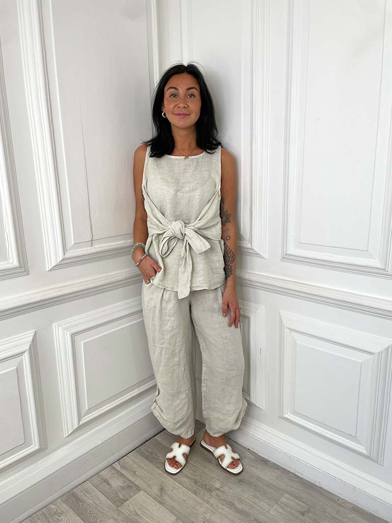 Tie Front Linen Top - Stone