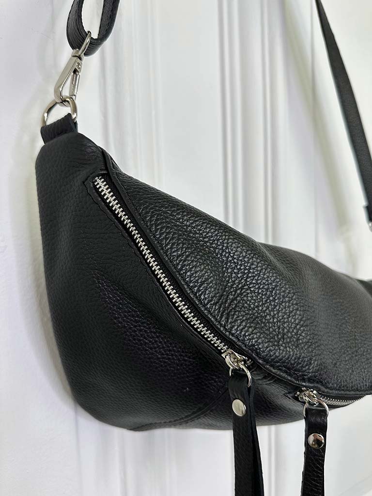 Leather Double Zip Bumbag - Black