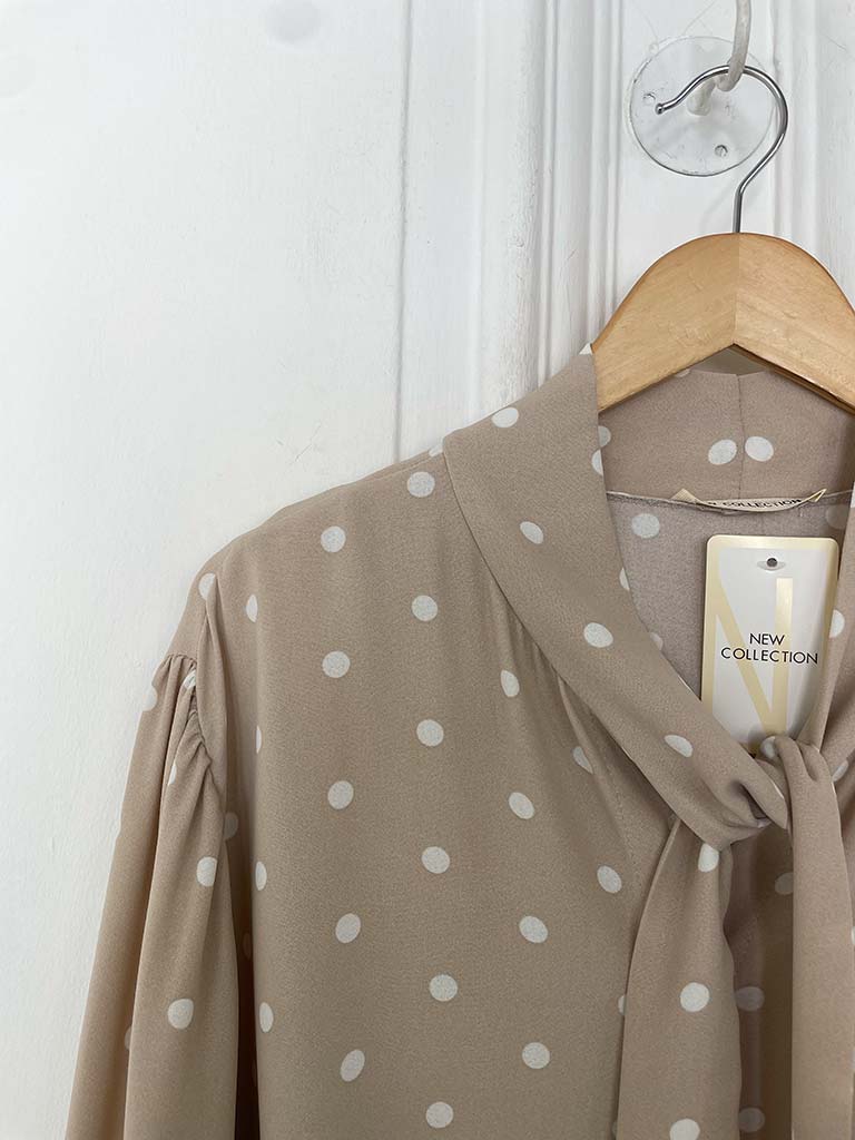 Dotty Pussybow Blouse - Stone