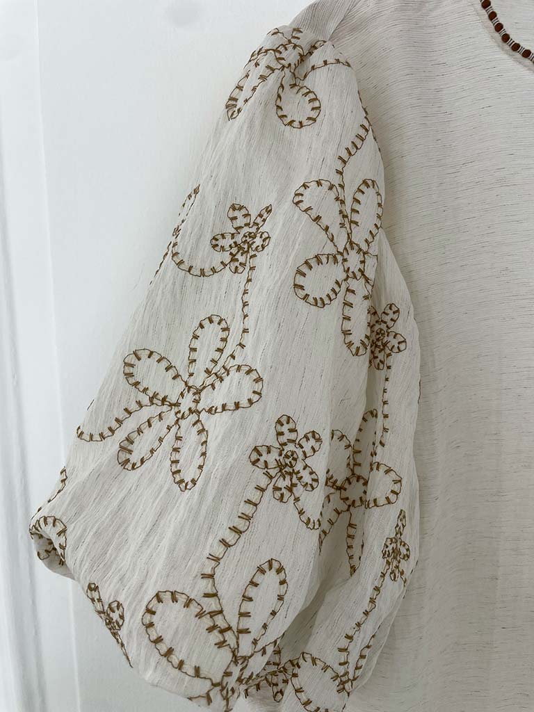 Puff Sleeve Stitched Top - Ecru