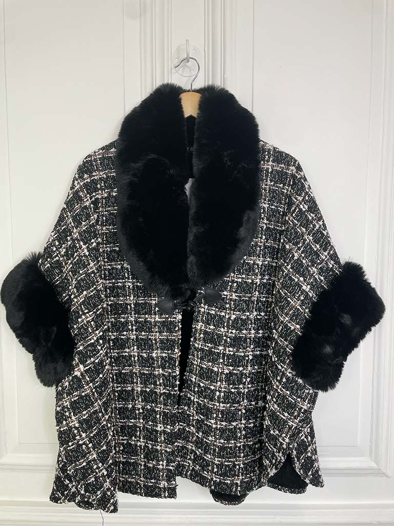 Tweed & Faux Fur Cape - Black