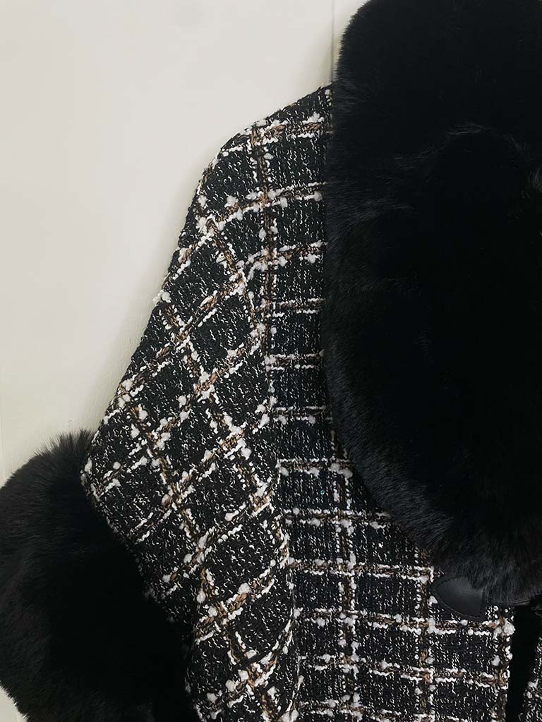 Tweed & Faux Fur Cape - Black