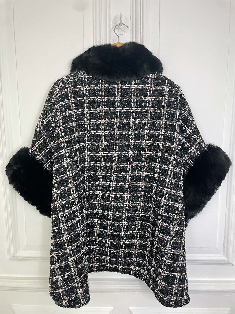 Tweed & Faux Fur Cape - Black