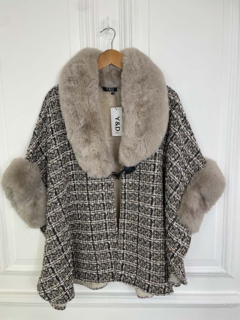 Tweed & Faux Fur Cape - Stone