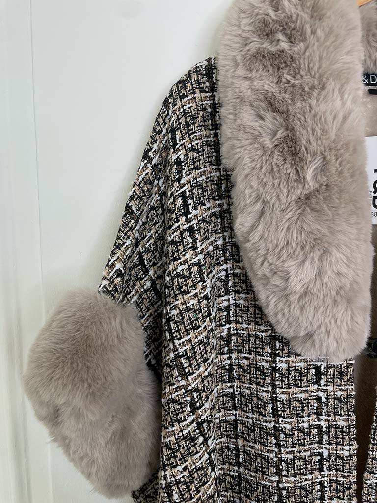 Tweed & Faux Fur Cape - Stone