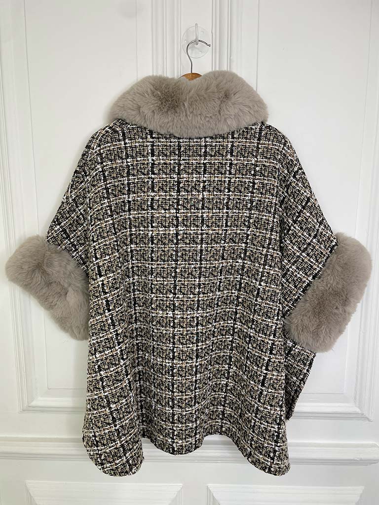 Tweed & Faux Fur Cape - Stone