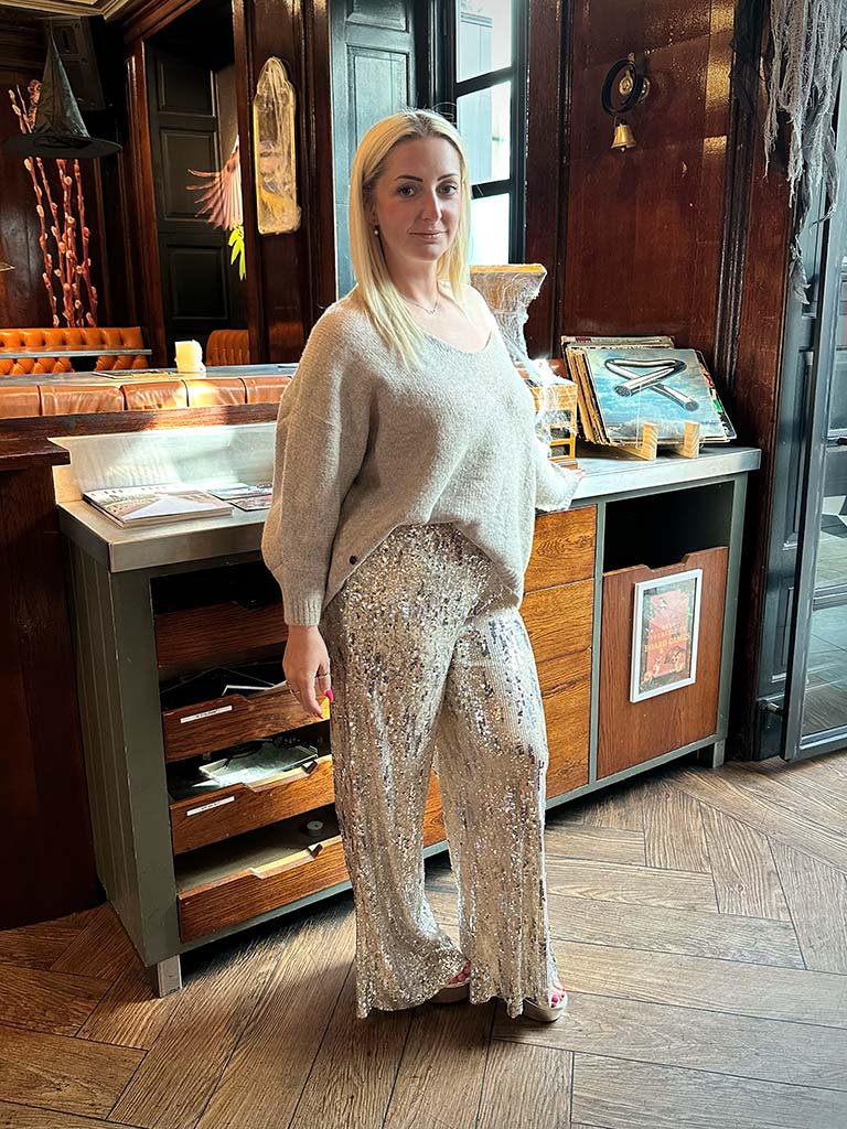Gilded Sequin Wide Leg Trousers - Champagne