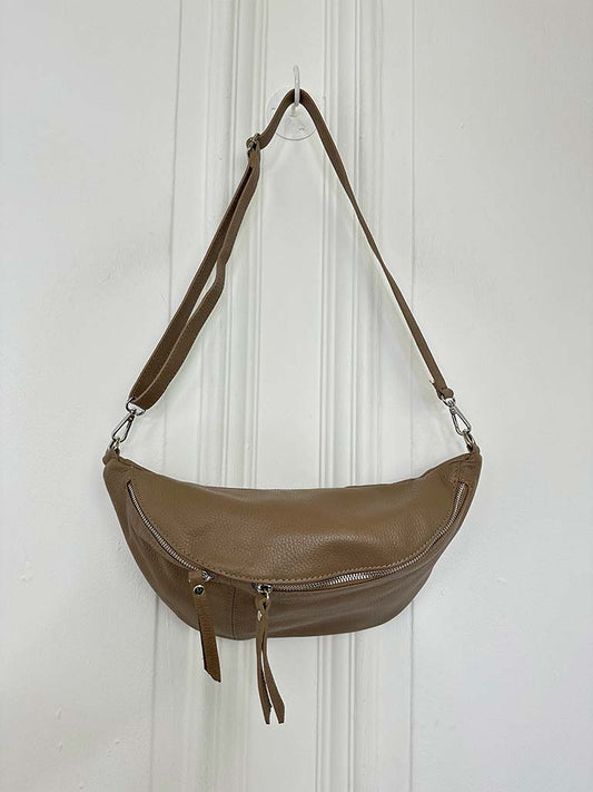 Leather Double Zip Bumbag - Latte