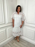 White broderie anglaise midi dress with short sleeves and scalloped hem, relaxed styling for everyday wear in womens fashion. - Malissa J Luxe Broderie Anglaise Dress