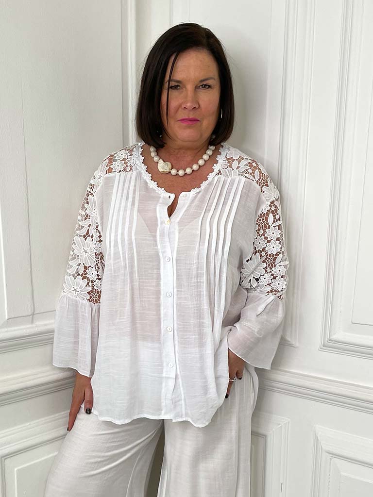 White crochet lace boho blouse with pintuck details and relaxed fit for womens fashion everyday wear. - Garden Lace Boho Blouse