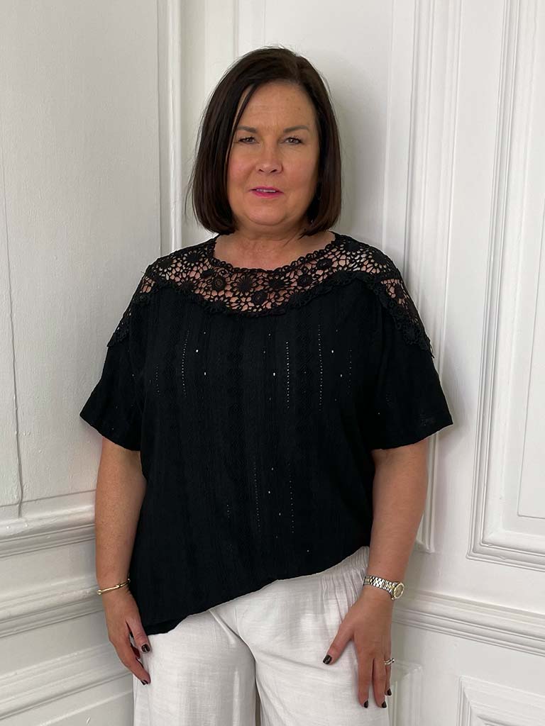 Crochet Shoulder Tee - Black