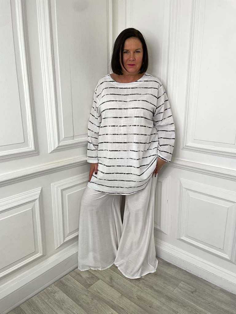 Womens fashion soft stripe tunic in white and black with relaxed styling for everyday wear and a modern outfit. - Soft Stripe Tunic