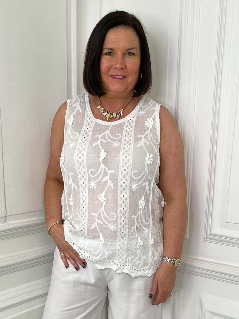 Antique Floral Tank Top - White