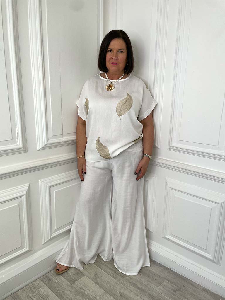 Shirred Wide Leg Trousers - White