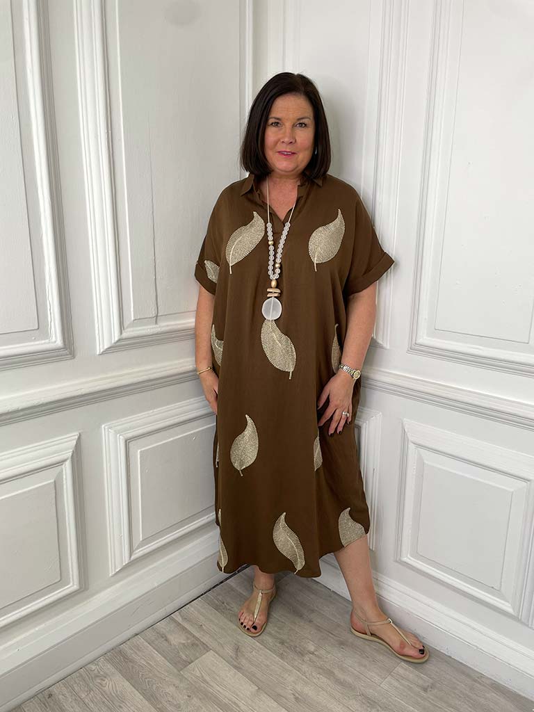 Embroidered Gold Leaf Dress - Chocolate