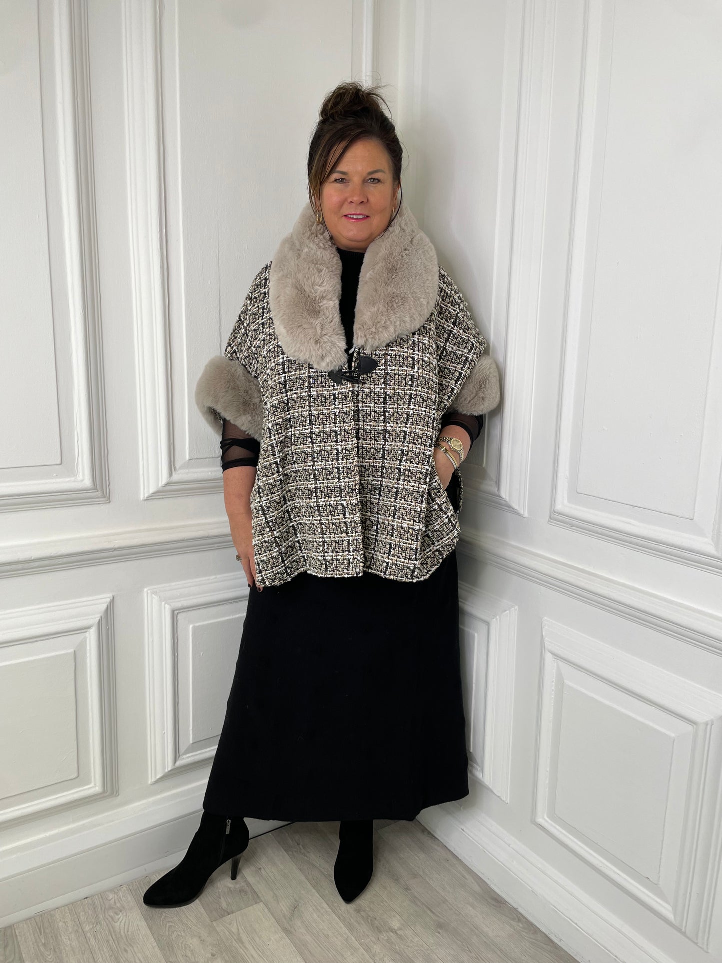 Tweed & Faux Fur Cape - Stone